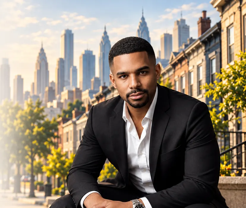 Jabbar “Bar” Fairweather, founder of WorkWithBar, seated on Philadelphia rowhome steps with the city skyline behind him