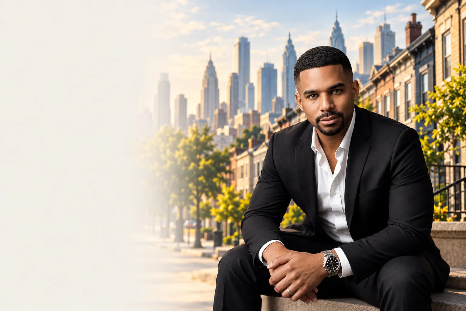 Jabbar “Bar” Fairweather, founder of WorkWithBar, seated on Philadelphia rowhome steps with the city skyline behind him